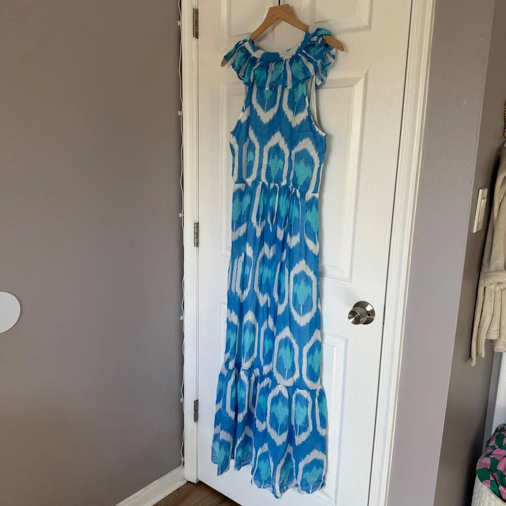 OLIPHANT  Blue White Ruffle V-Neck Maxi Dress Sleeveless Tiered Cotton M - Picture 8 of 8
